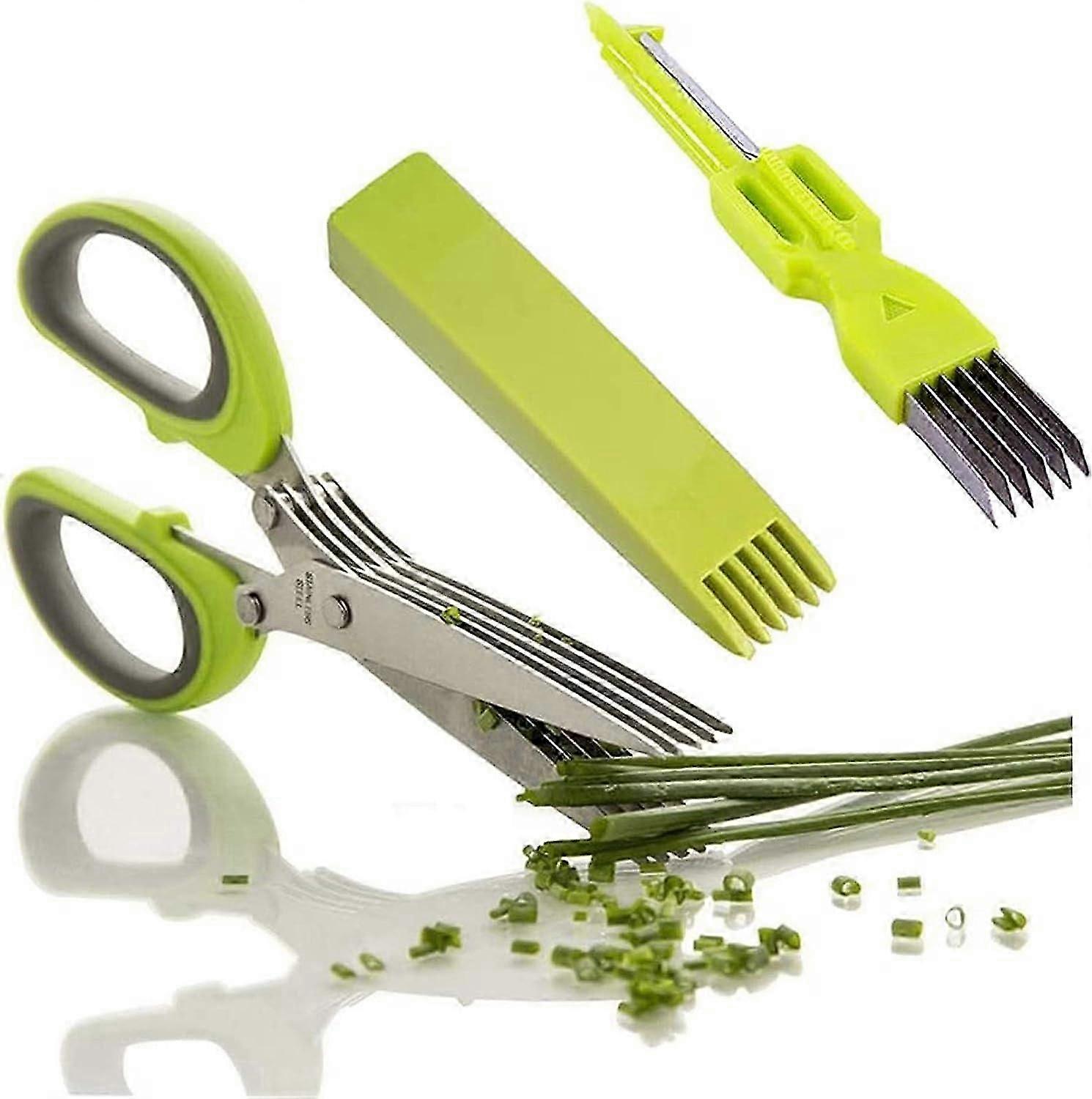 Stainless Steel Herb Scissors - 5 Blades Multi-Scissors with Cleaning Comb