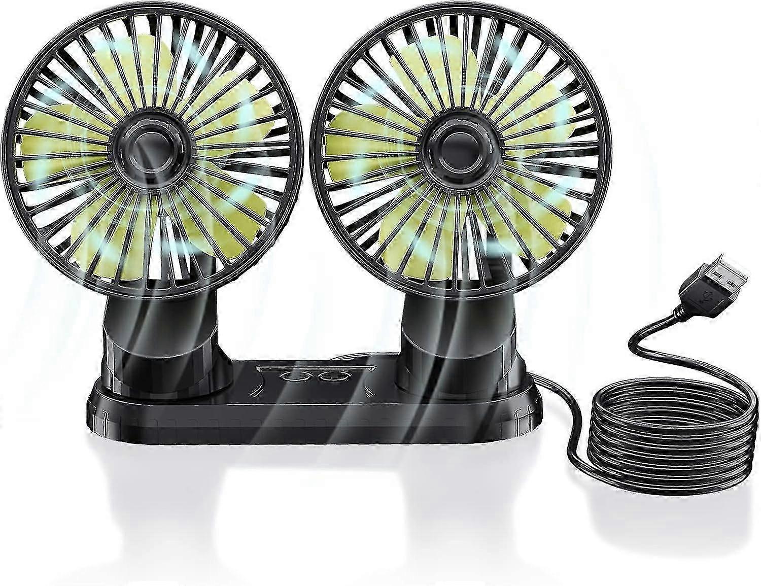 12V Dual Head Car Fan, Portable USB Vehicle Fan, 360 Degree Rotation, Desk Fan with 3 Powerful Speeds