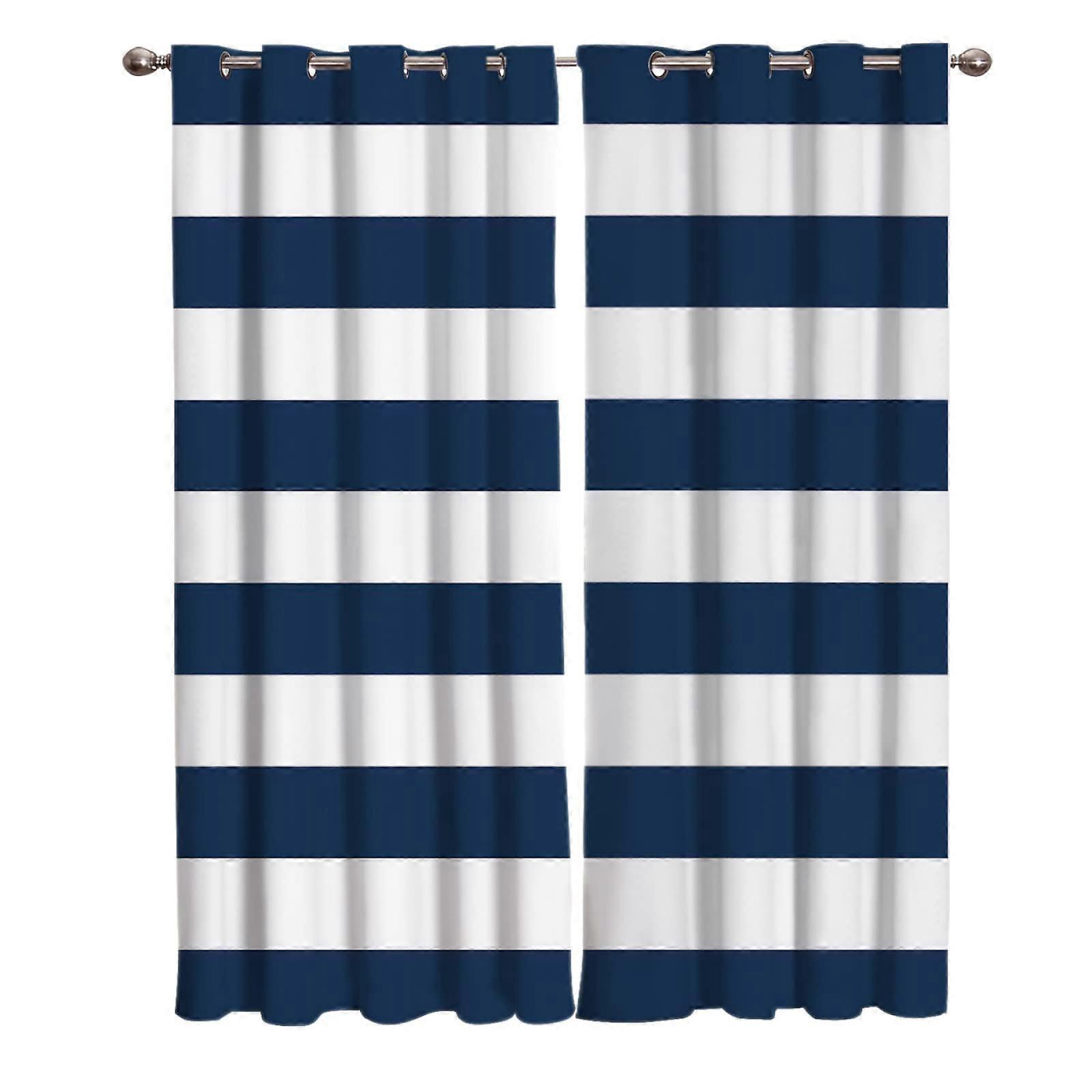 Blue and White Striped Opaque Curtains, Set of 2, H114 x W132 cm