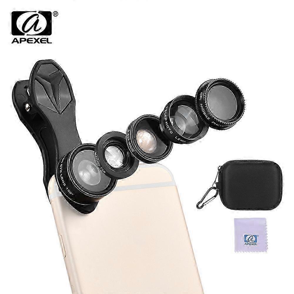 APEXEL APL-DG5H 5 in 1 Cellphone Lens Kit 198 Fisheye Lens 0.63X Wide Angle Lens 15X Macro Lens 2X Telescope CPL Lenses for iPhone Samsung Huawei Xiao