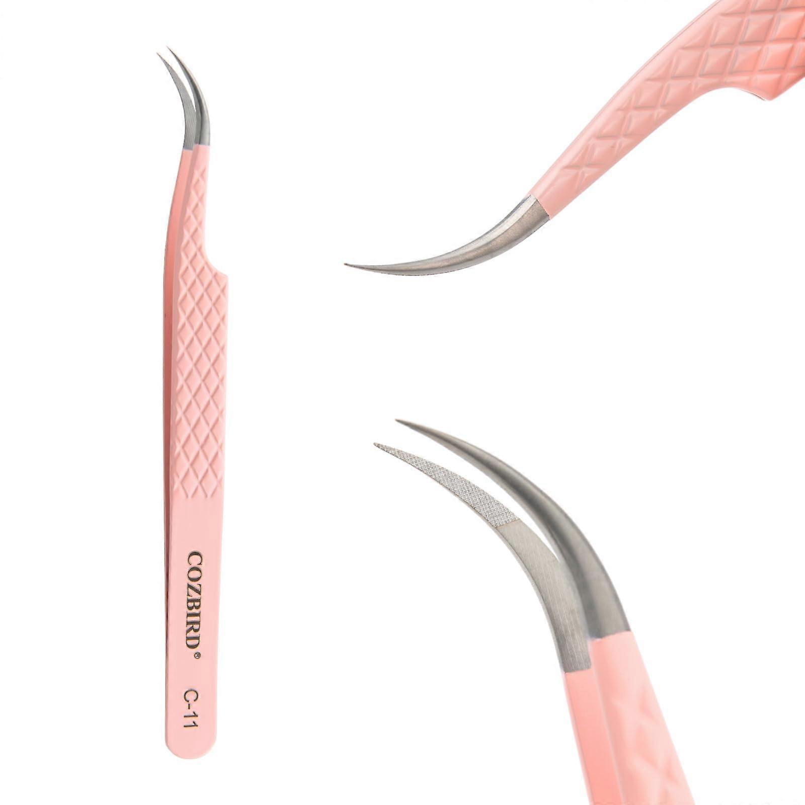 C-11 Eyelash Extensions Tweezers for Volume and Fan Techniques, Stainless Steel, Curved Design, Pink, Non-Slip Handle