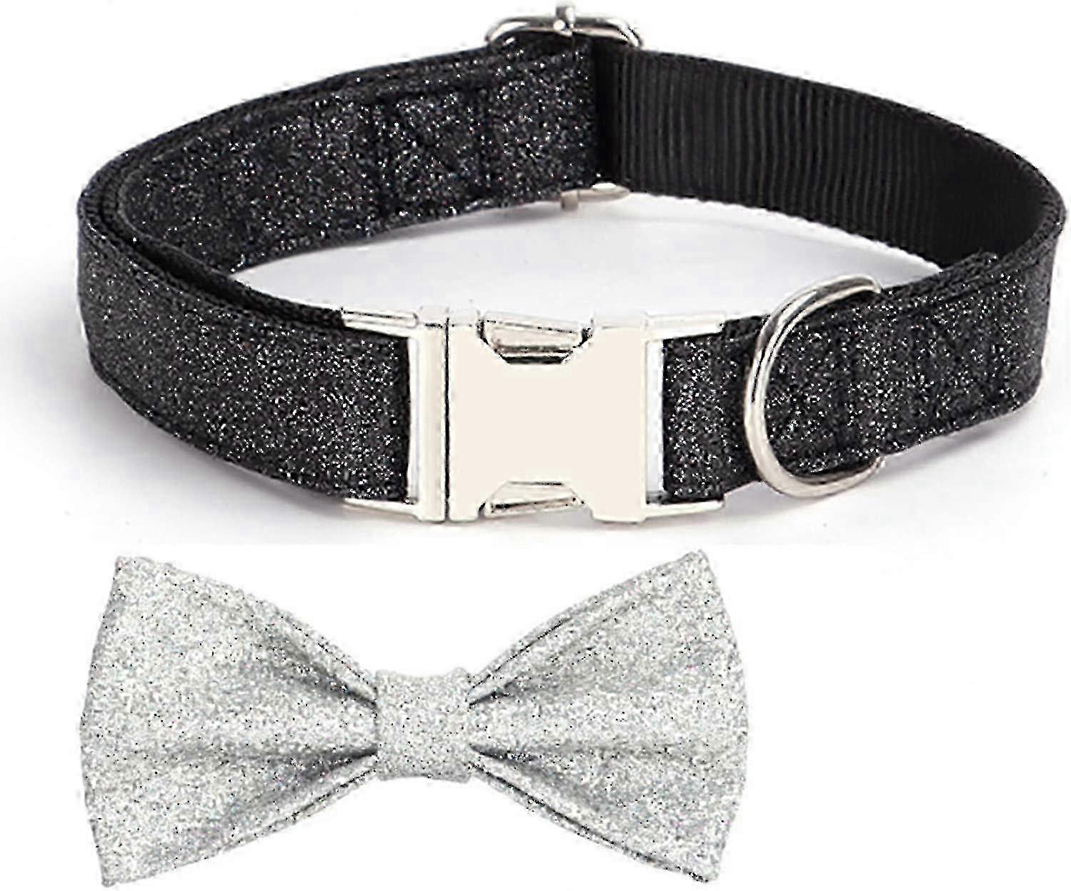 グリッター蝶結び調節可能な犬用首輪 - 黒の自己彫刻ナイロンペットアクセサリー - 小型犬用XSサイズ