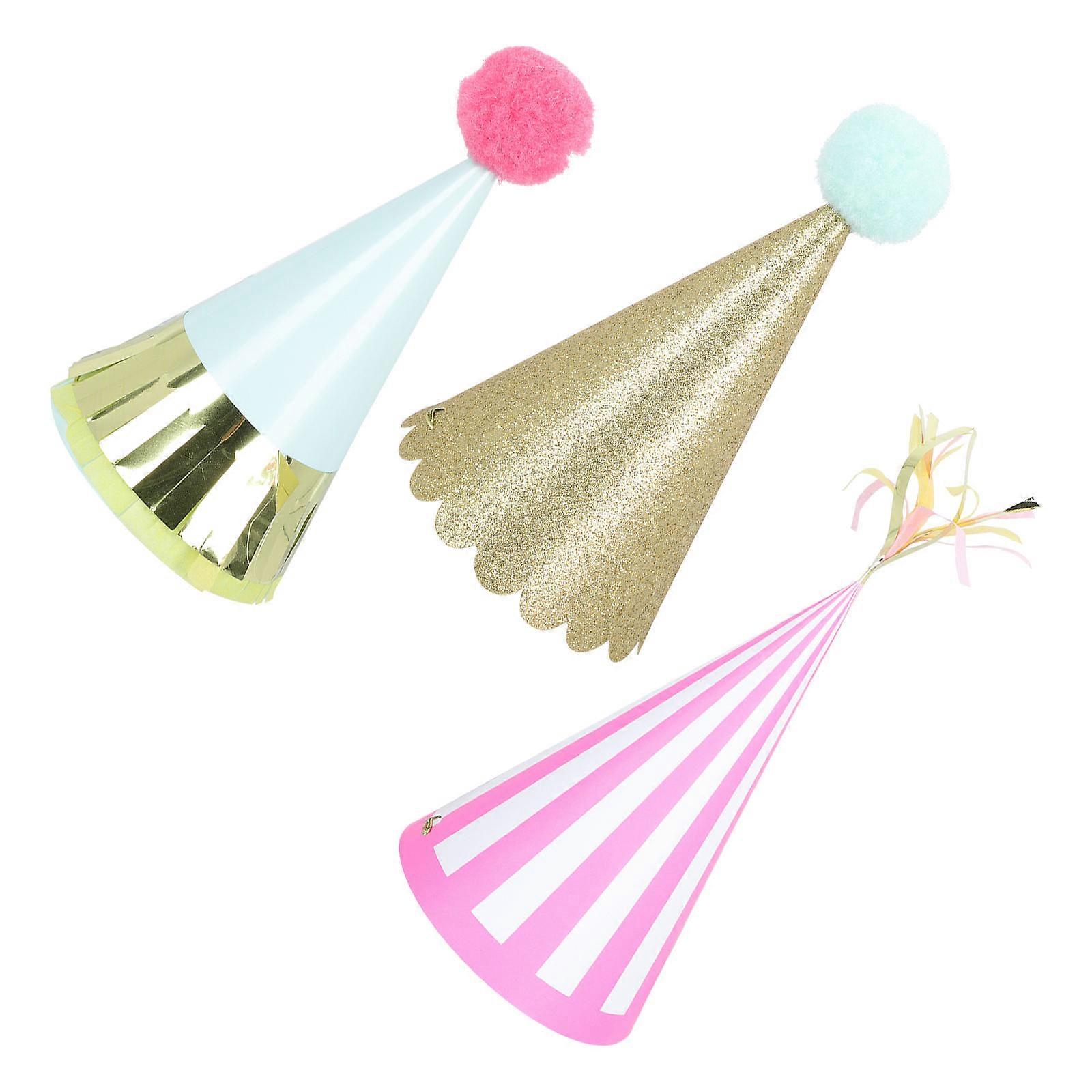 3pcs Colorful Party Hats with Foil Tassels & Pom Poms, Thick Paper Birthday Decorations for Festive Events and Costume Parties