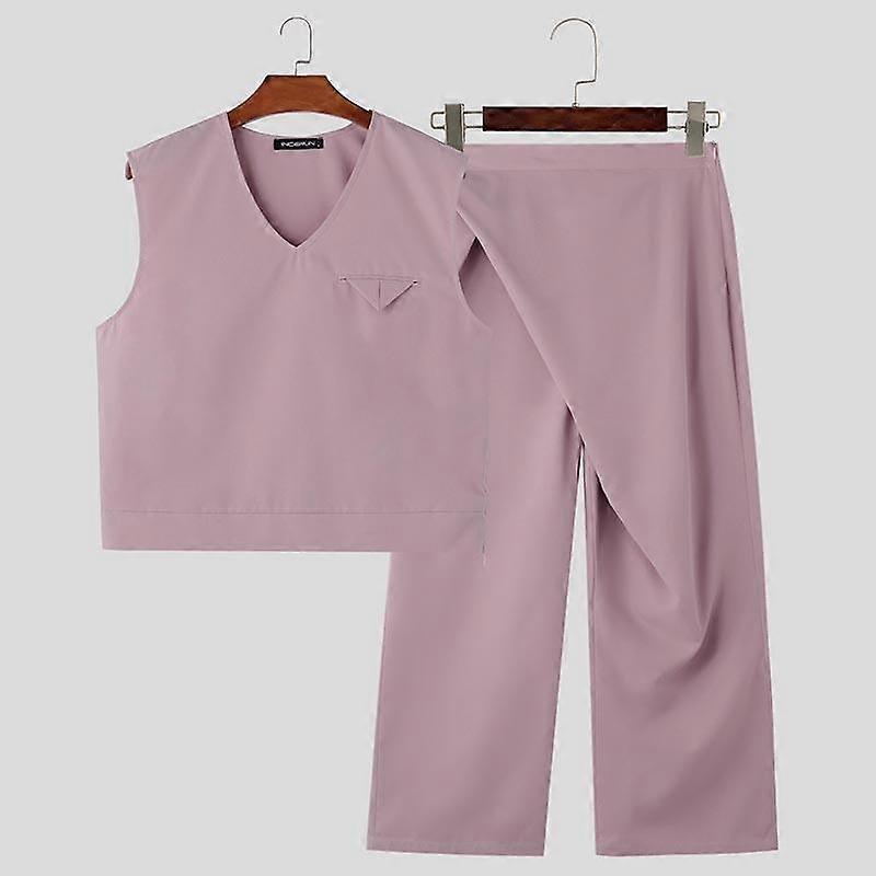INCERUN Two Pieces Men Solid Color Sleeveless Vest Wrap Zipper Long Pants Sets