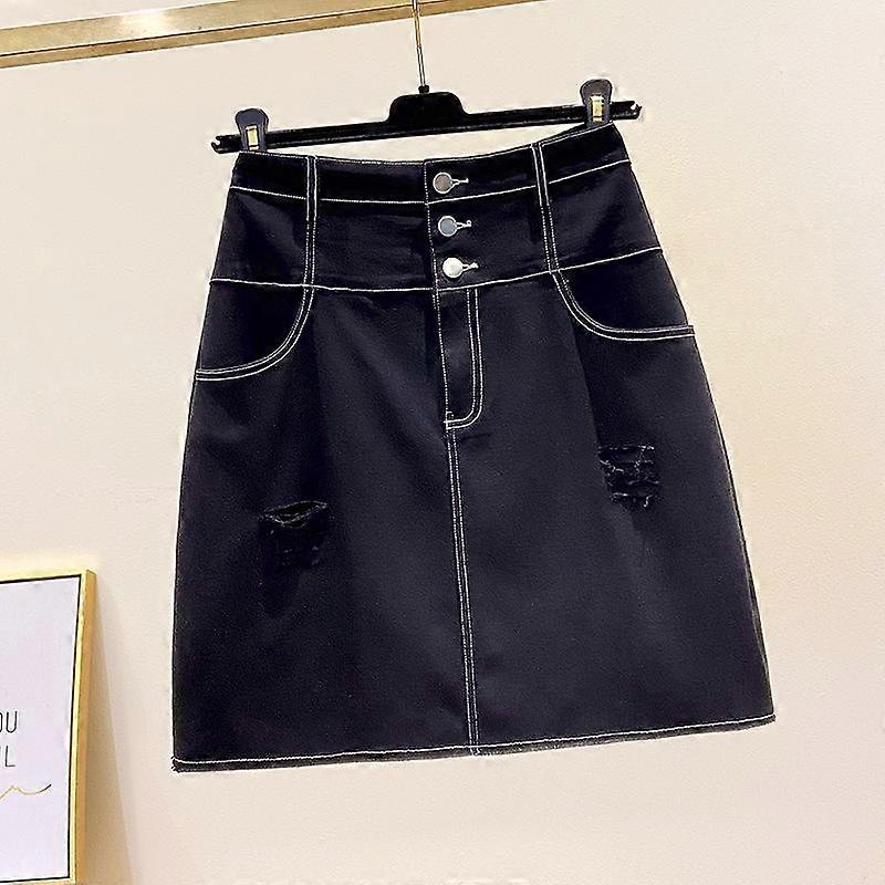 Summer Women's Plus Size High Waist Stretch A-line Skirt Short Skirt Broken Holes Package Hip Skirt