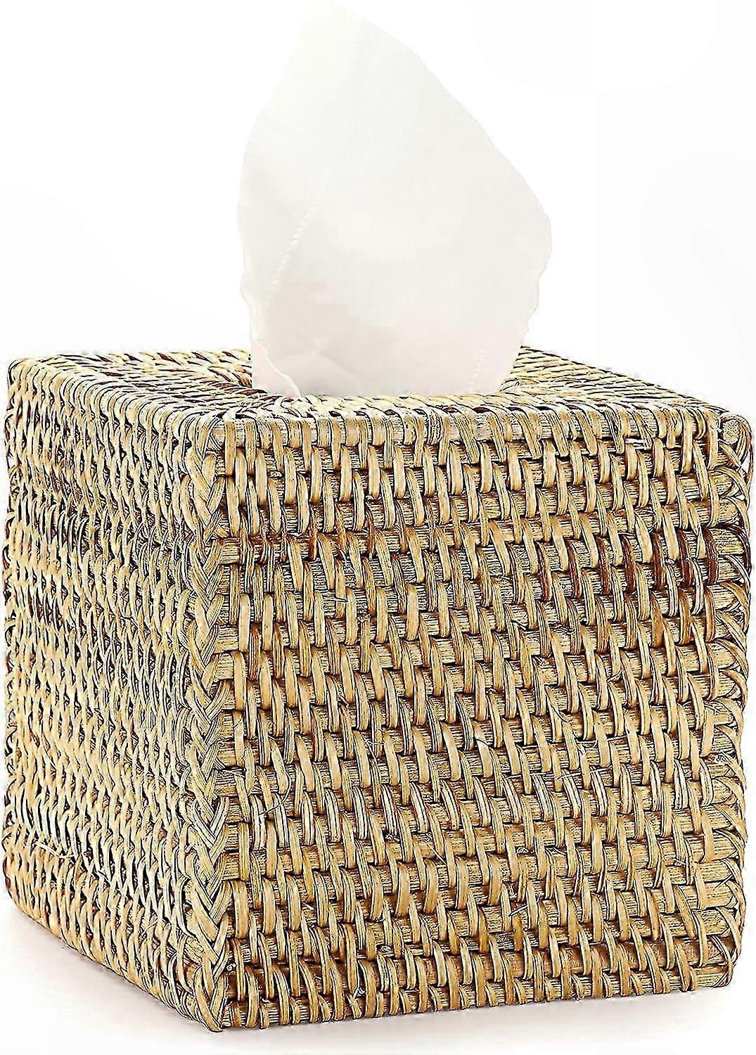 Woven Square Tissue Box Cover with Storage for Paper Napkins and Tissues