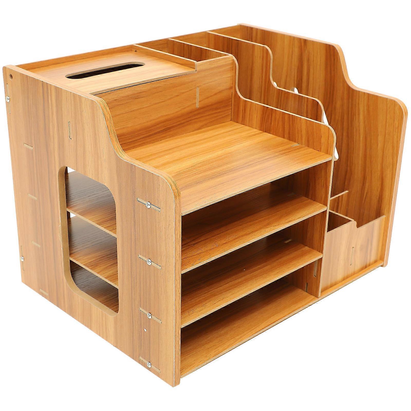Modern Desk Organizer with Versatile Compartments for Pens Files Scissors Light Brown Density Board 7.5 x 4.3 Inches