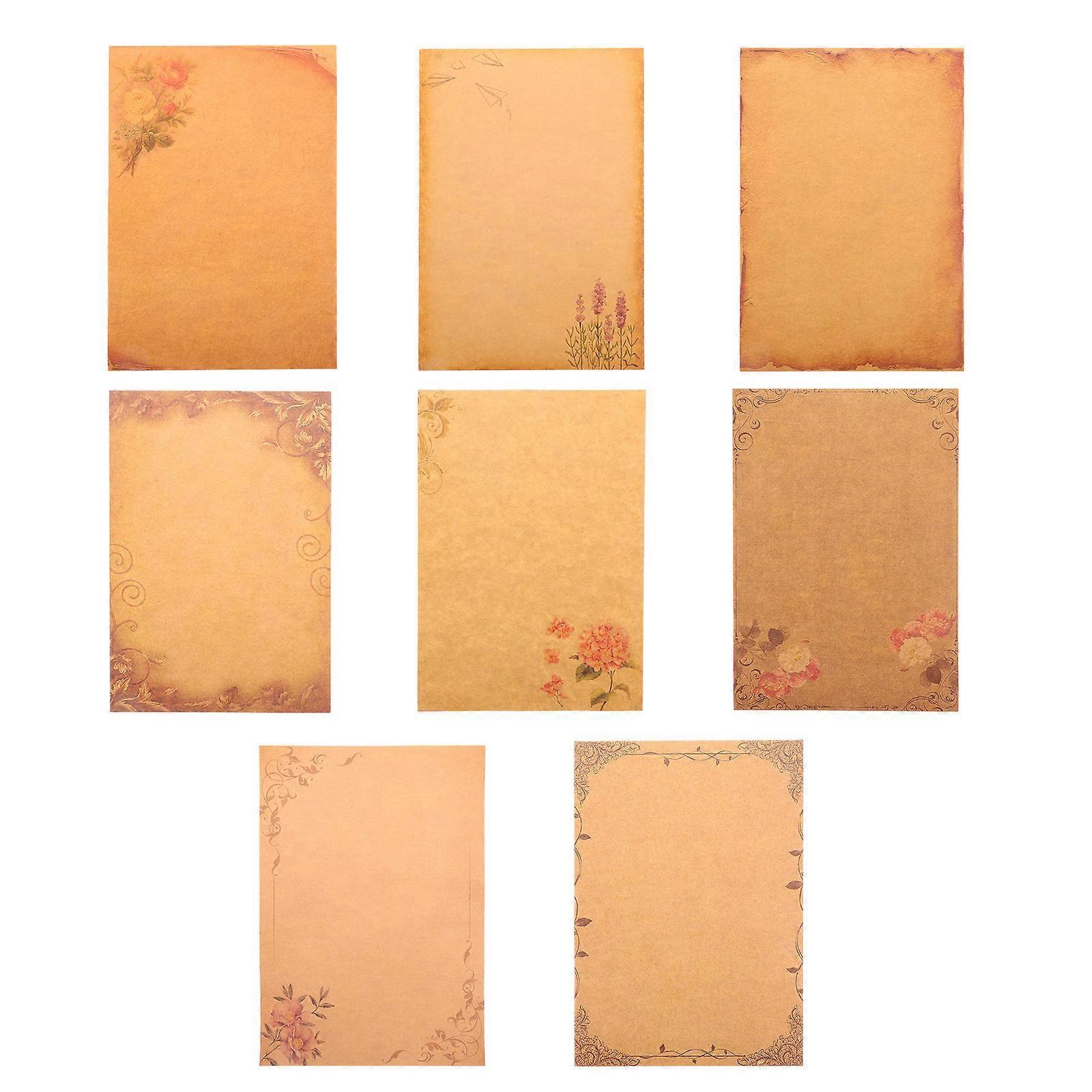 Vintage Writing Paper With Flower Leaf Border Design For Writers Light Brown Rectangular 4 Pack (8Pcs Per Pack)
