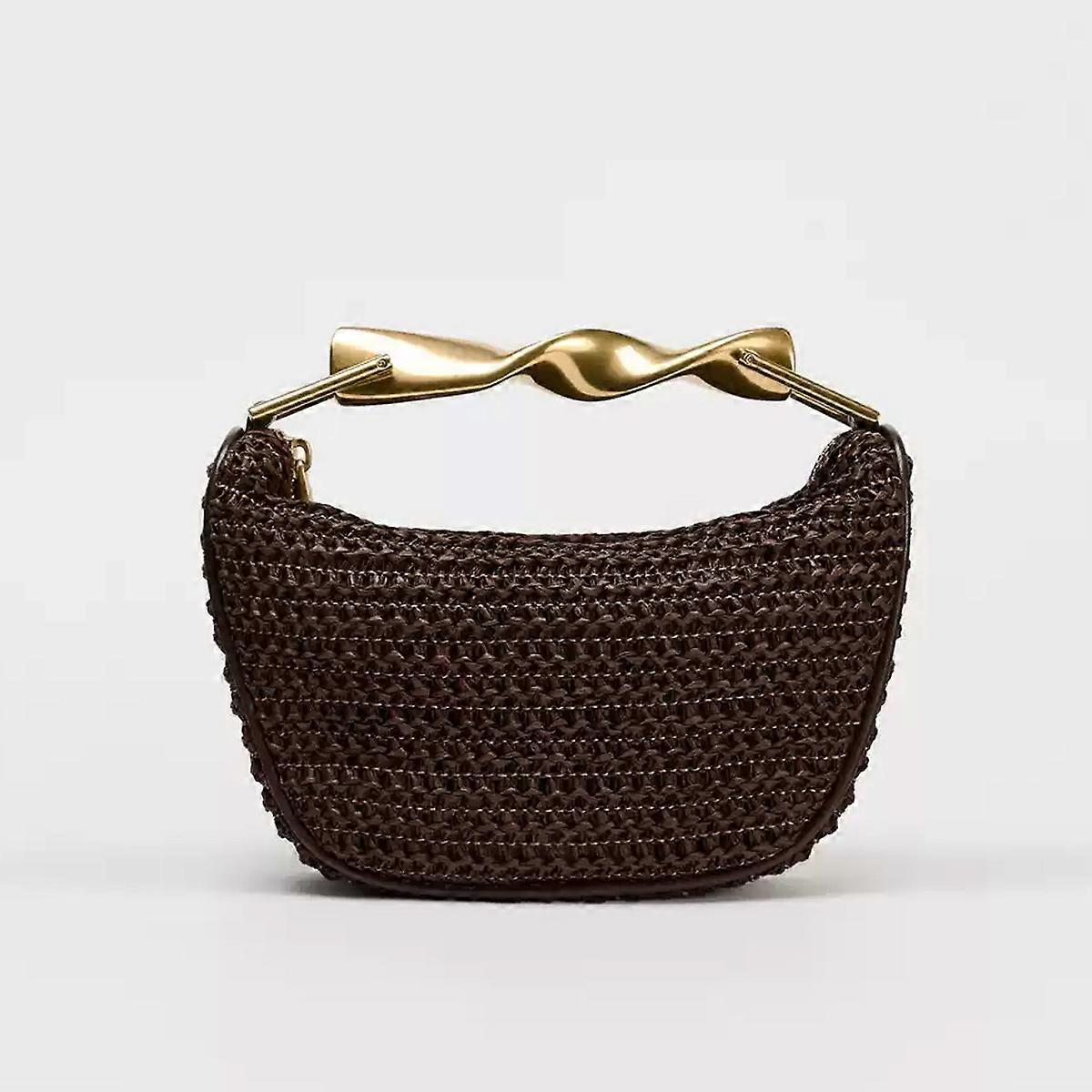 Mini borsa a tracolla, manico in metallo, intrecciato, cerniera, tracolla regolabile, stile da spiaggia