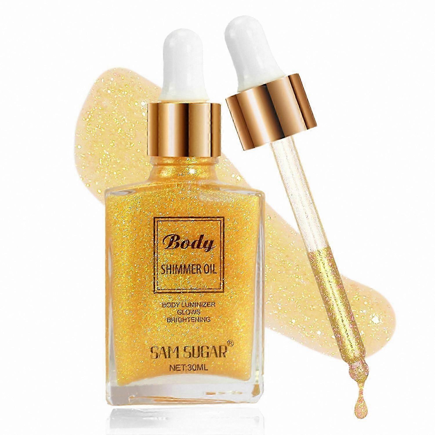 Gold Glow Highlighter Oil for Face & Body, 30ml Shimmering Illuminating Liquid Makeup with Glitter Shine Effect