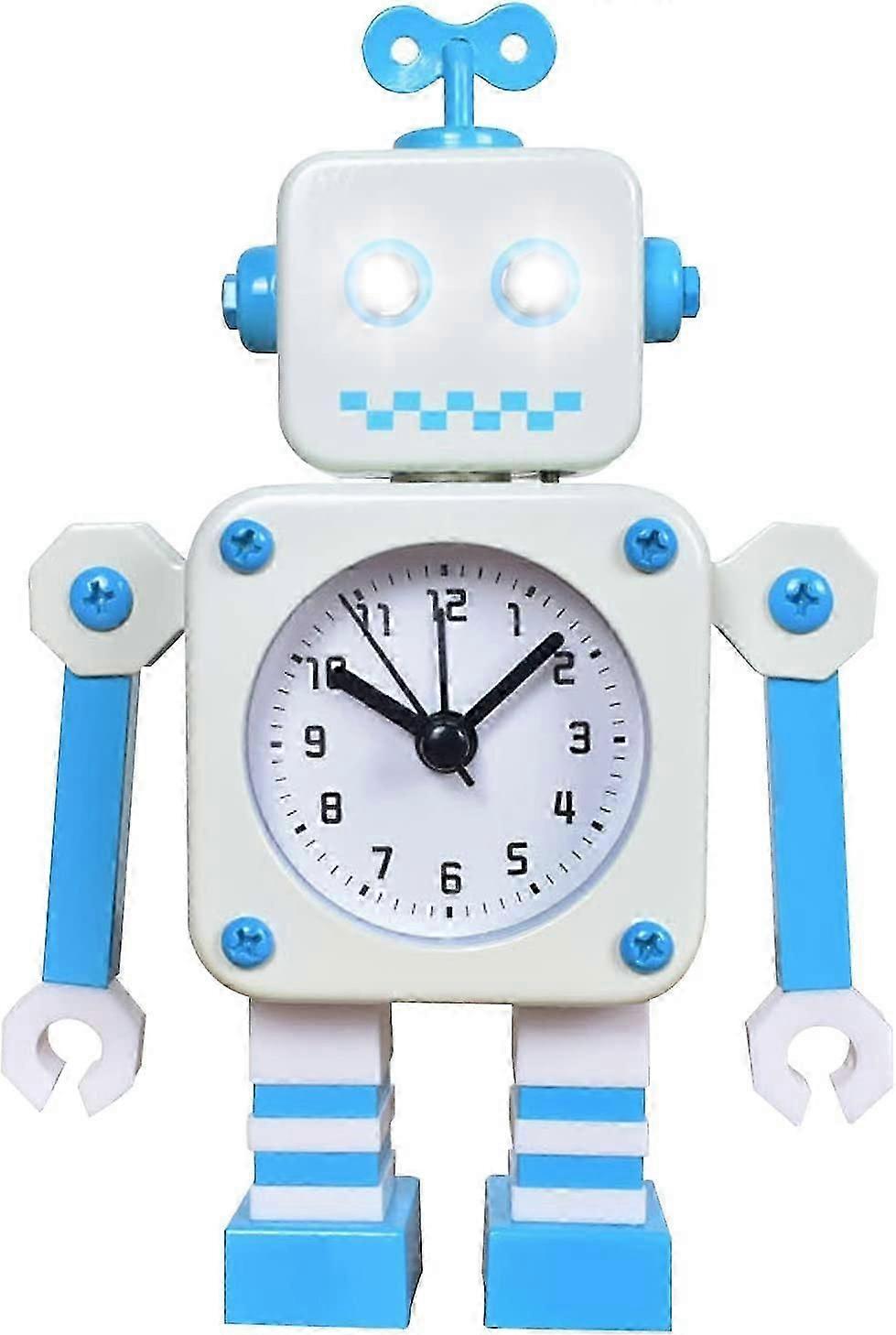 Robot Alarm Clock, Stainless Metal Silent Alarm Clock With Flashing Light-Up Eyes And Rotating Arm, Gift For Children (White Blue)