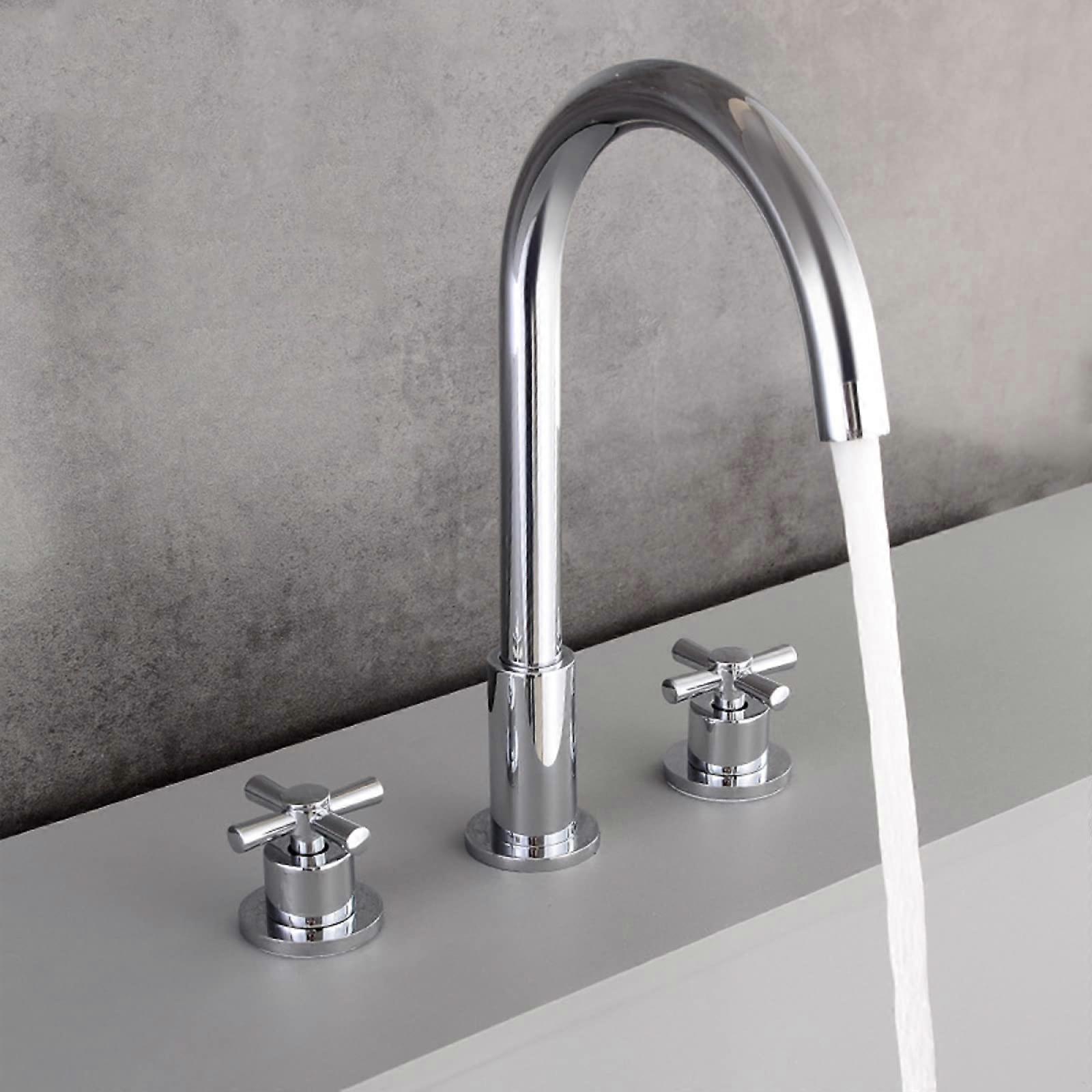 Bathroom Basin Mixer Tap 360Degree Rotatable Retro Brass Hot Cold Basin Faucet Chrome Crosshead Handle 3Hole Sink