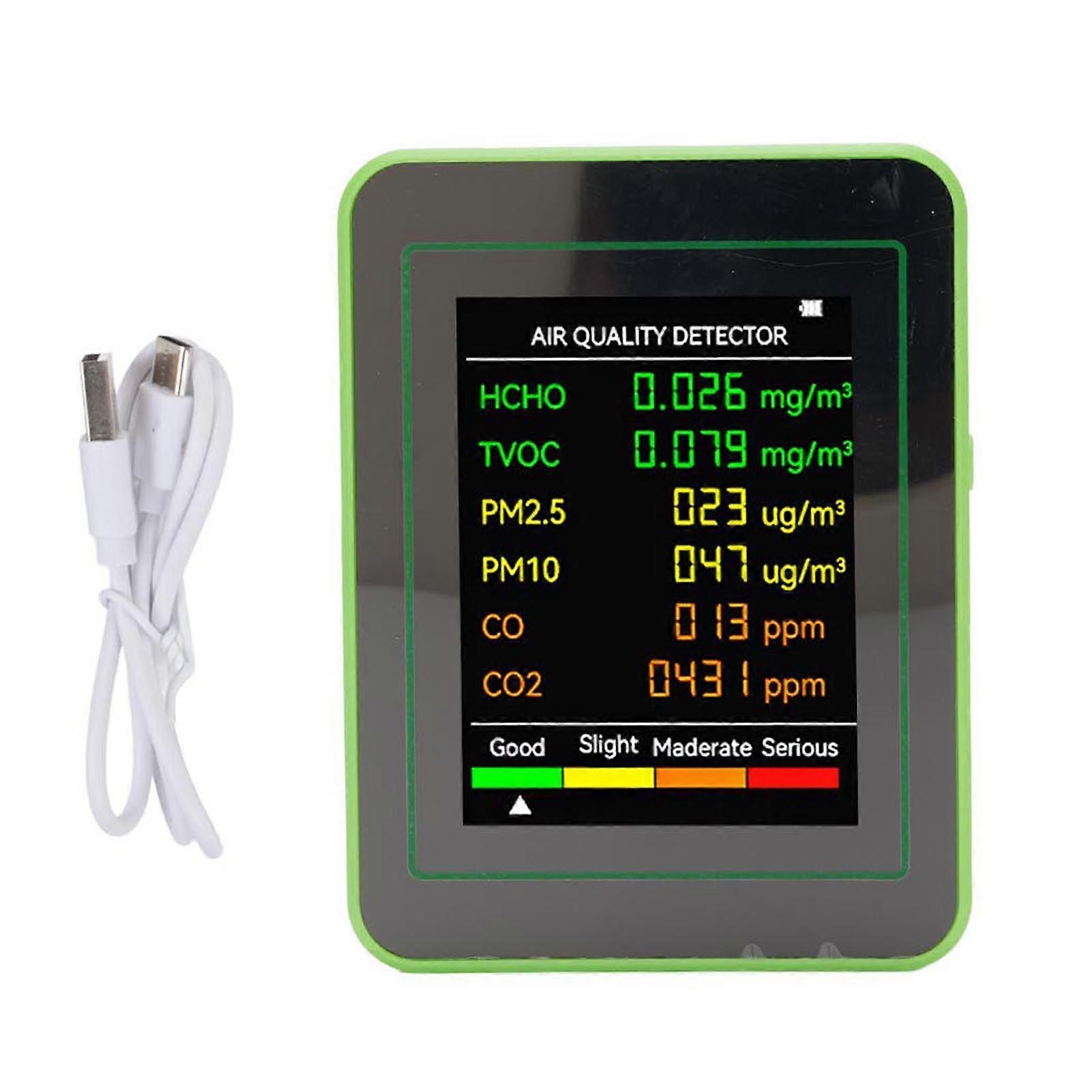Air Quality Detector CO2 TVOC HCHO PM2.5 PM10 Portable Air Tester Color LCD Digital Display White Green