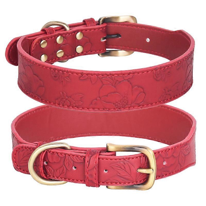 Flower Pattern Dog Collar Leather Embossed Pet Collar Medium and Large Retro Style Dog Collar