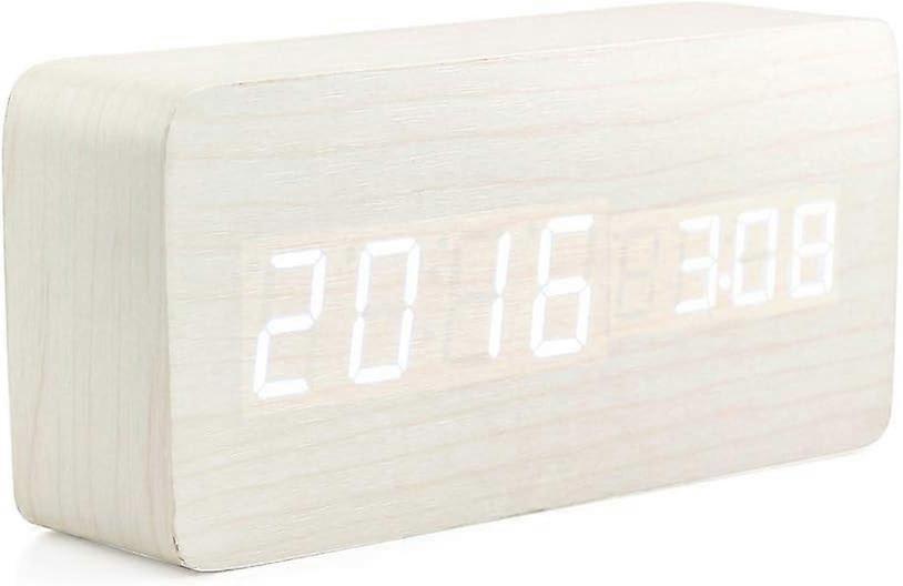 Wooden digital alarm clock, multi-function smart alarm clock, USB powered LED light, thermometer