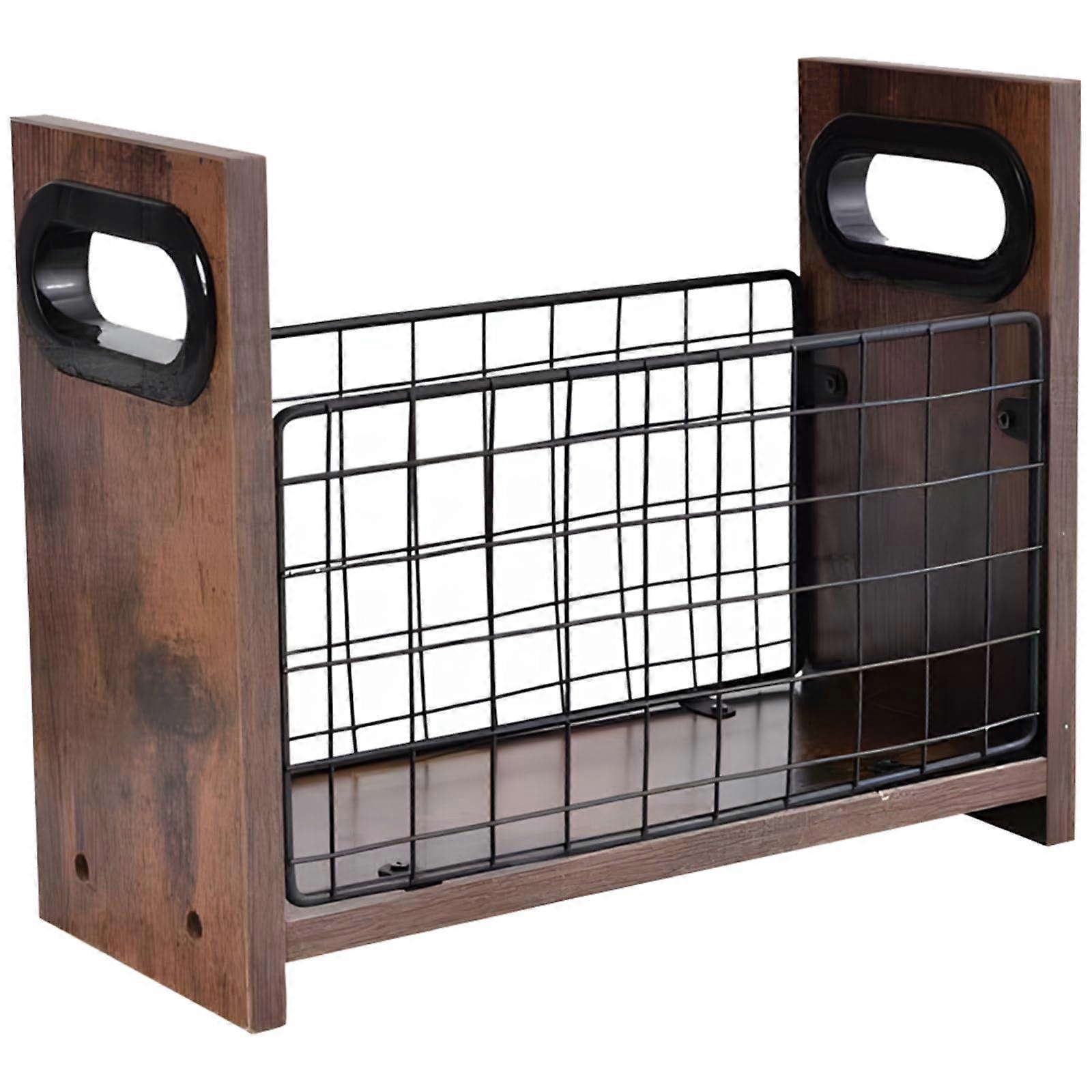 Wood Magazine File Holder  Desktop Organizer For Files And Magazines, Wood Magazine Rack With Metal Mesh And Handles