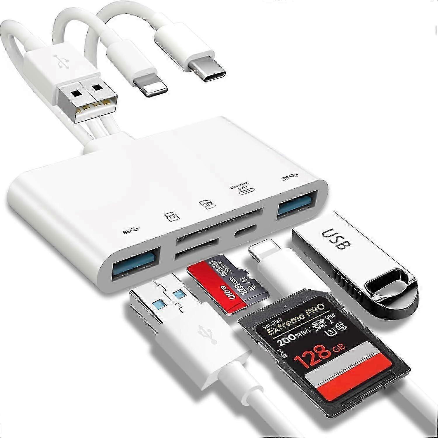 5-in-1-muistikortinlukija, USB OTG -sovitin ja SD-kortinlukija USB C- ja USB A -laitteille