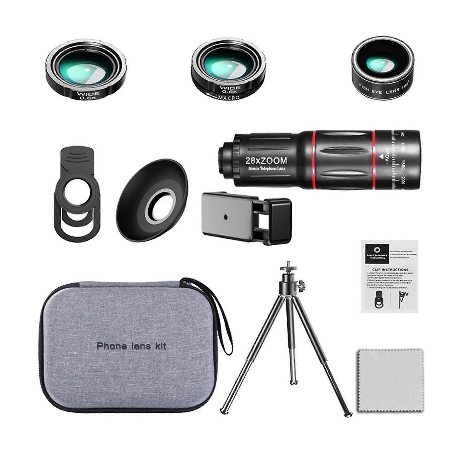 28X Telephoto Lens with Fisheye Macro Wide Angle Lens Clip Type Photography Telescope Telephoto Lens for Most Smartphone Multicolor
