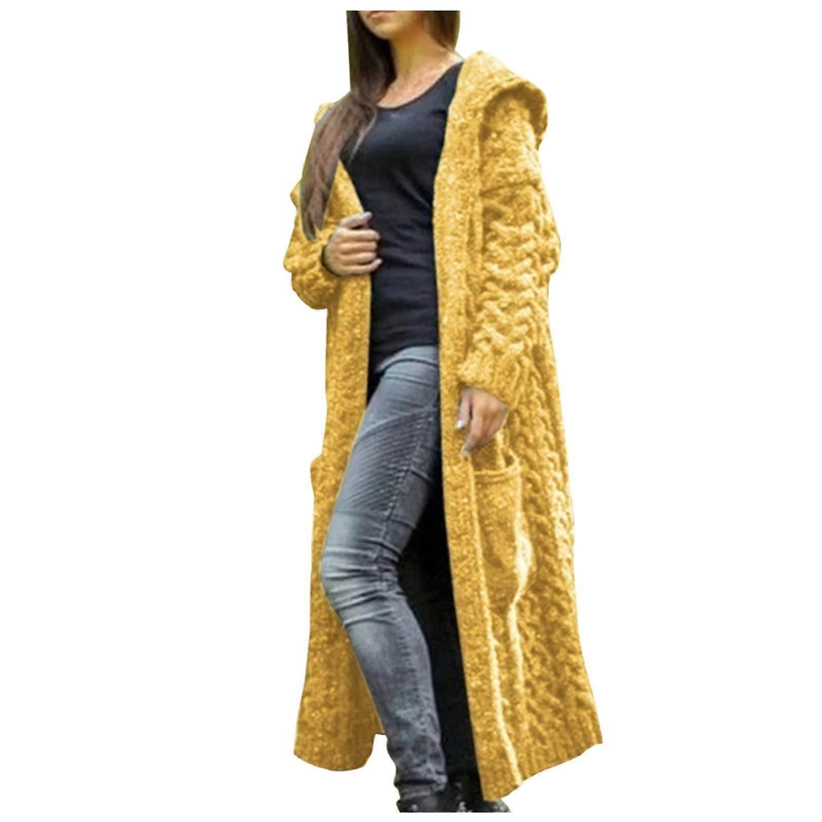 Gilet long ample à capuche pour femme, manteau chaud jaune XL