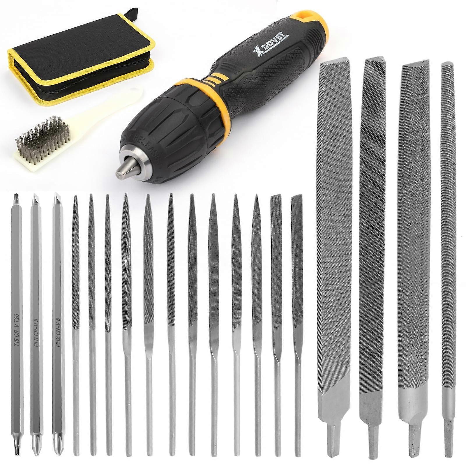 XDovet 19 Pcs Small Metal File Set with Universal Rubber Handle - Half-Round, Flat, Round & Triangular for Steel & Wood Crafts