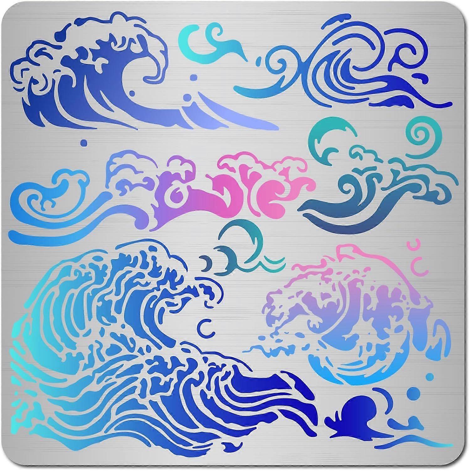 Sea Wave Stencil Metal Template Reusable Ocean Waves Pattern Drawing Painting Stainless Steel Stencils for Scrapbooking Wood Burning Pyrography Engrav