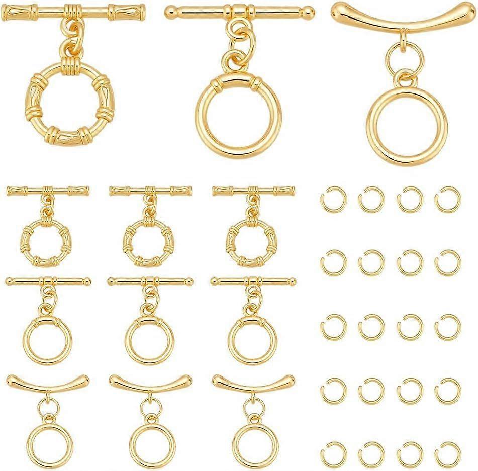12Sets Toggle Clasps 3 Style 18K Gold Plated Brass T-Bar Closure Clasps Extender OT Toggle Connectors with Jump Ring for Jewelry Findings Making Acces