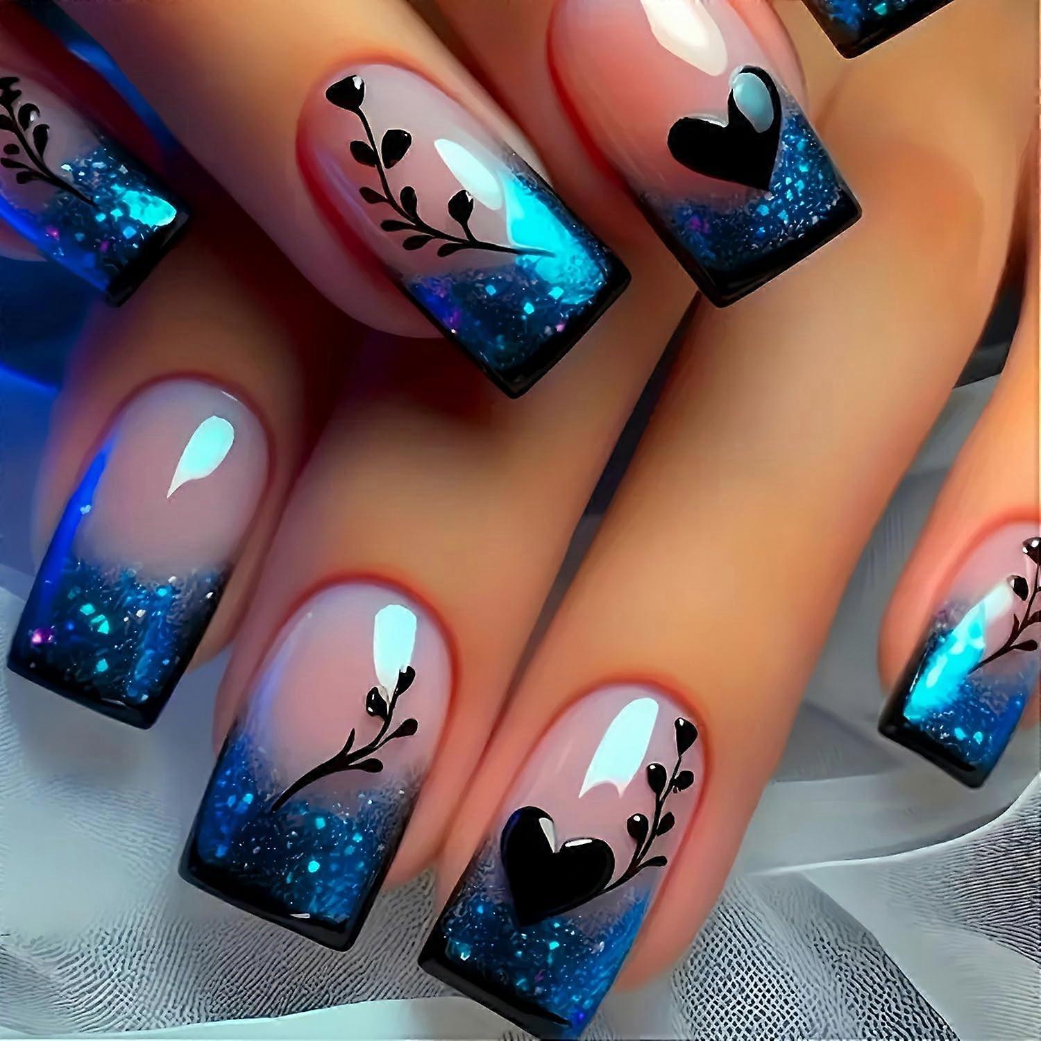 Short Square Gradient Press On Nails with Glitter Hearts Reusable Acrylic Fake Nails 24 Pcs