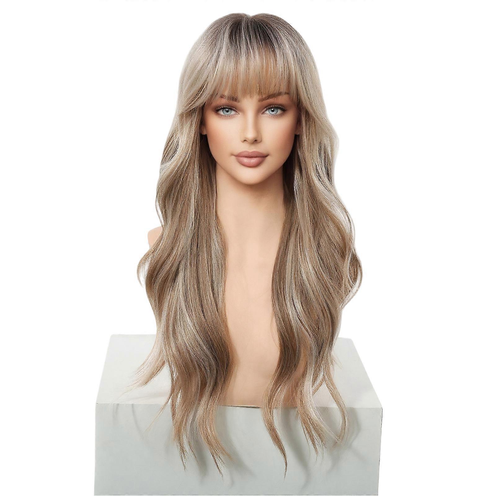Natural Wavy Long Mixed Ash Blonde Synthetic Wig with Bangs – With Black Roots Effortlessly Chic