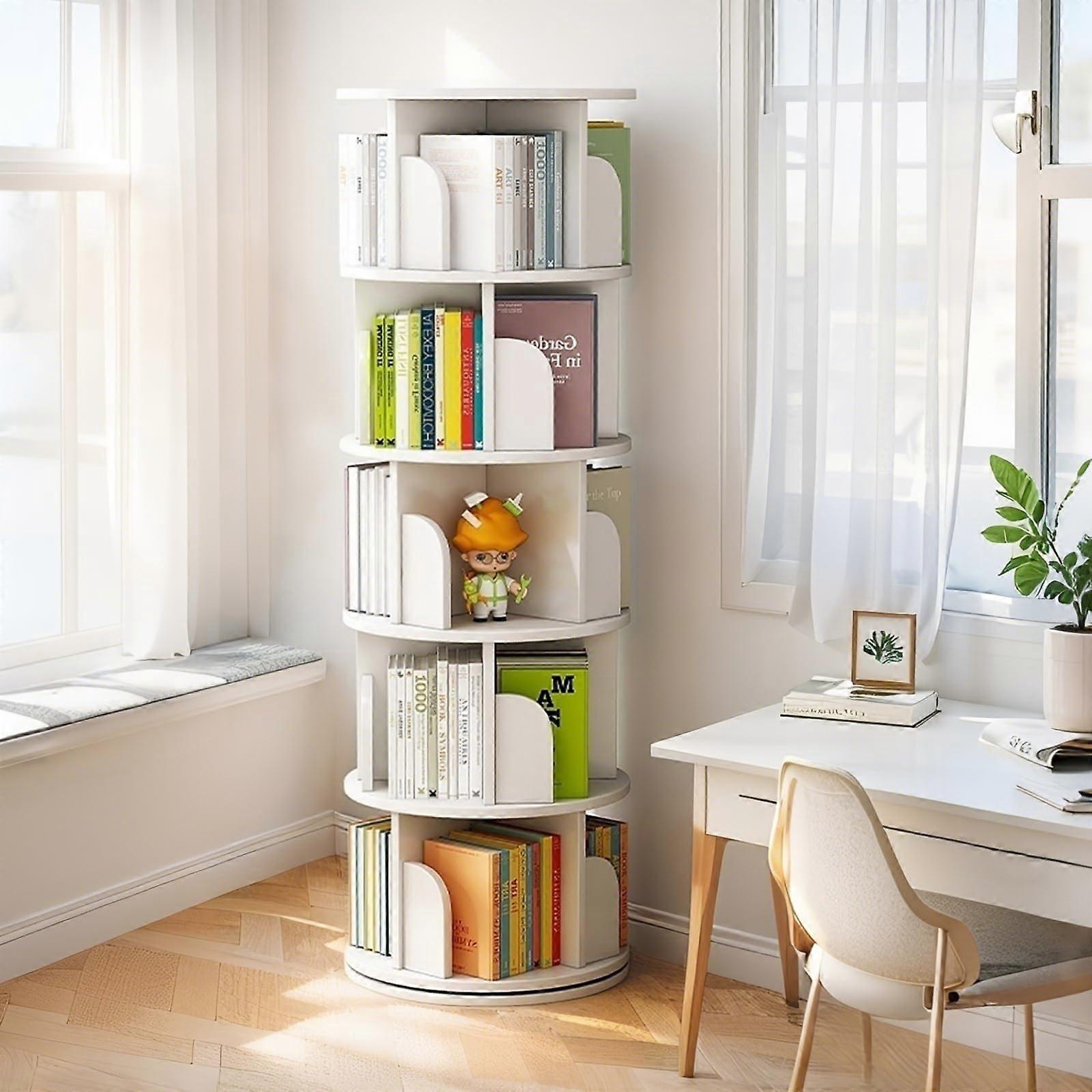 5 Tier 360 Rotating Bookshelf Tower, SpaceSaving Vertical Bookcase for Small Spaces, Color02
