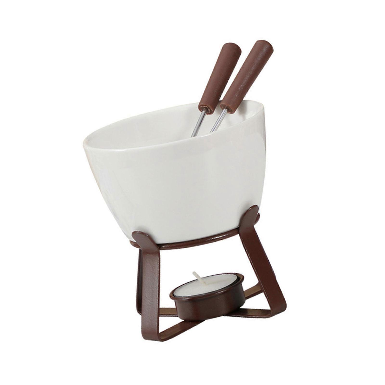 Set de réchauffe pour fondue au chocolat comprenant une tasse en céramique avec une base en fer et 2 fourchettes. Petit réchaud pour fondue de fromage, de beurre ou d'autres aliments, idéal pour les fêtes. Couleur : blanc.