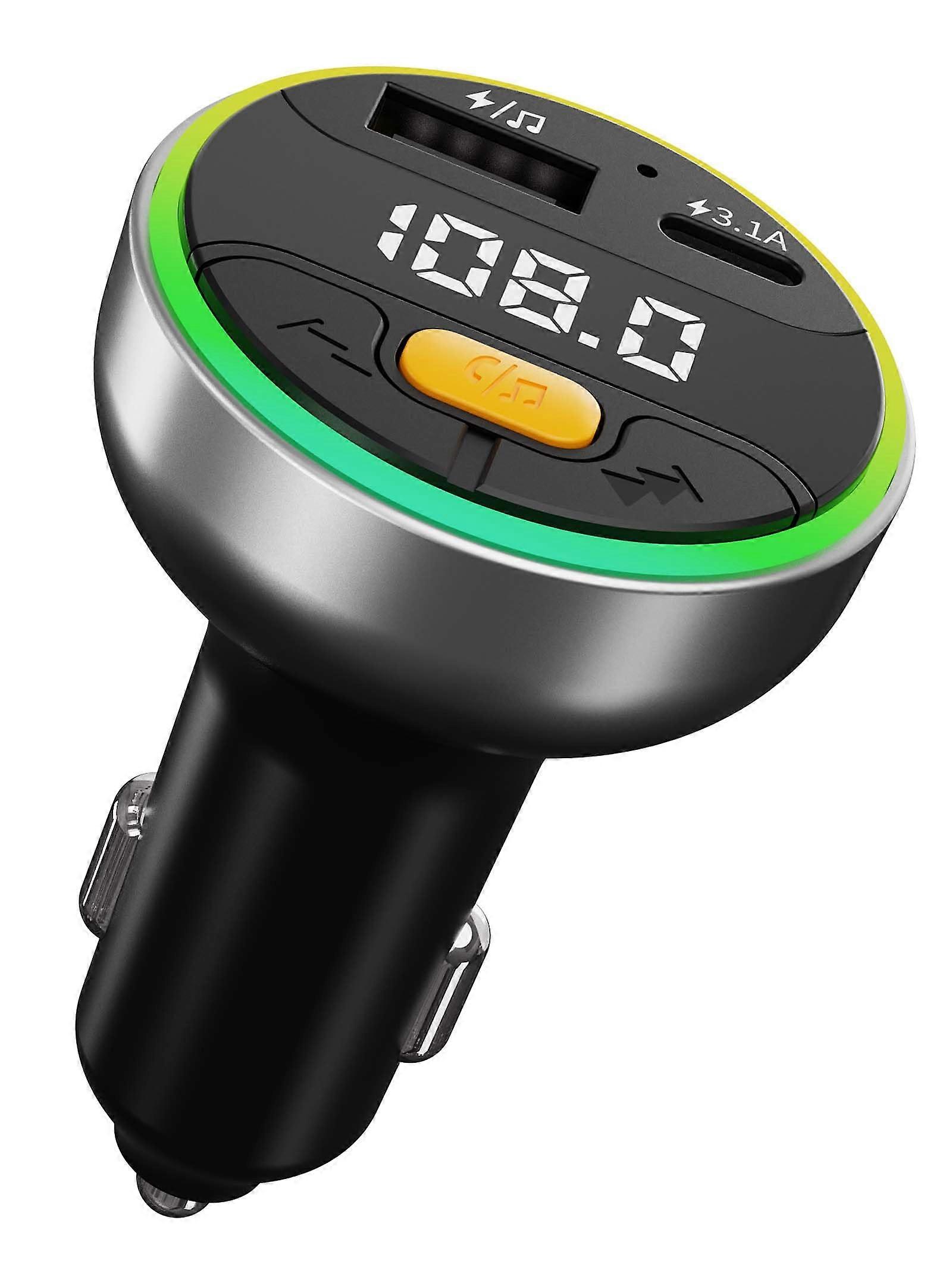 Bluetooth FM Transmitter Bluetooth 5.3 Car Adapter with Dual USB TypeC Fast Charging, Hands Calling, LED Light