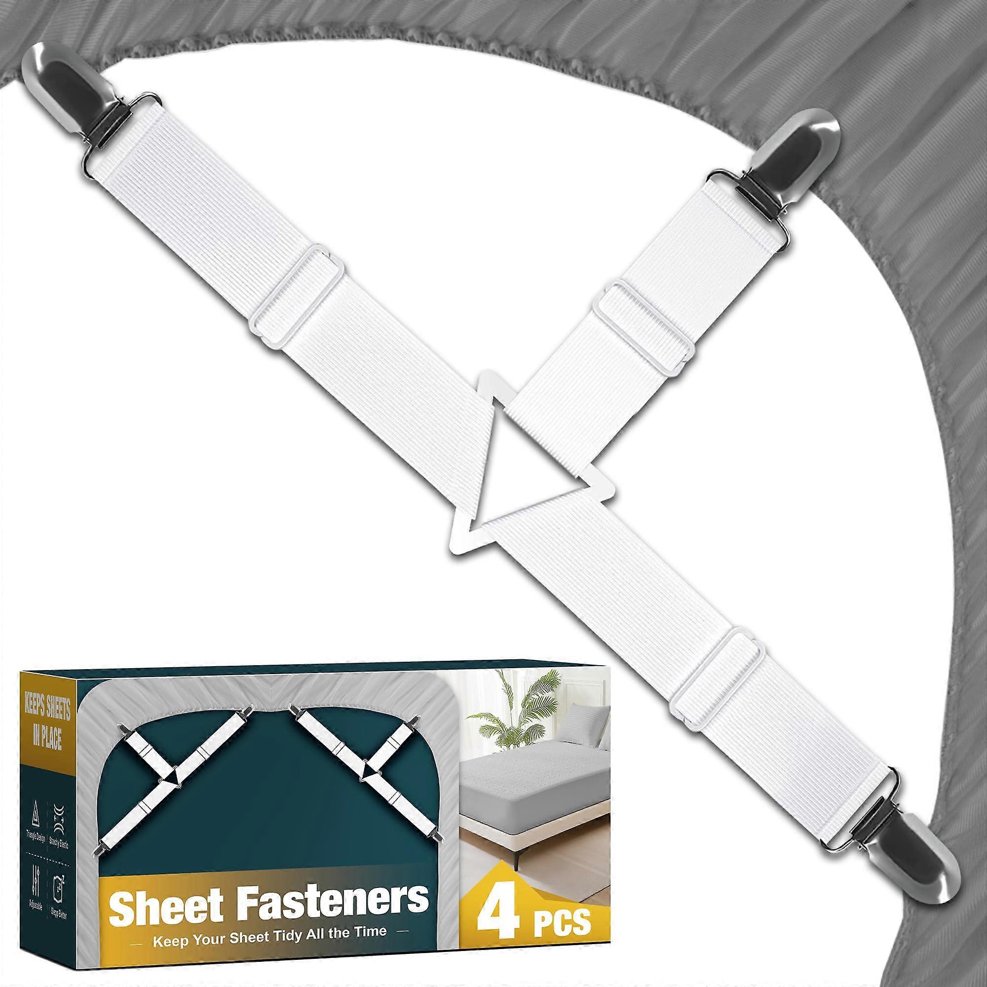 4 Pack Bed Sheet Straps with Adjustable Elastic and Reinforced Metal Clips for No Slip Corners White