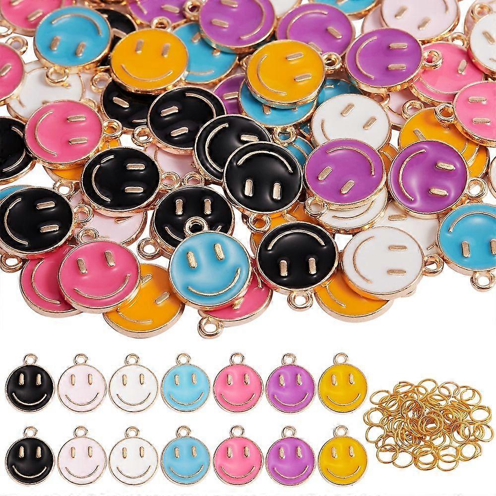 70pcs 7 colors Alloy Enamel Charms with 70pcs Iron Open Jump Rings Cadmium Free Lead Free Flat Round with Face Light golden Mixed color Charms: 14.5x1