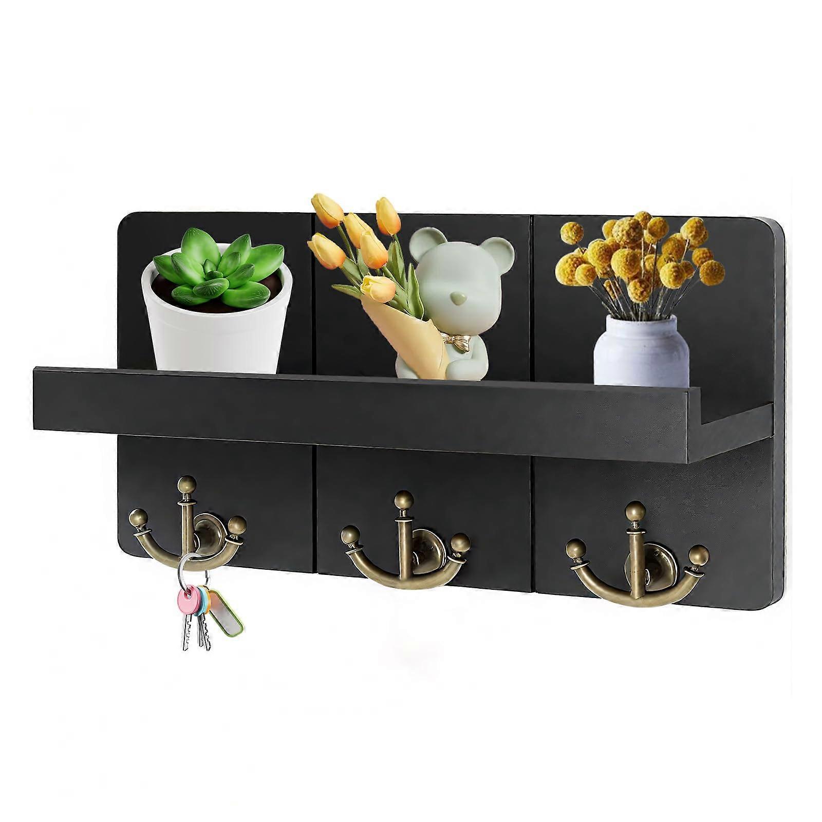 Wall Mounted Key Holder with Mail Shelf, Farmhouse Entryway Organizer with Rustic Hooks, Black