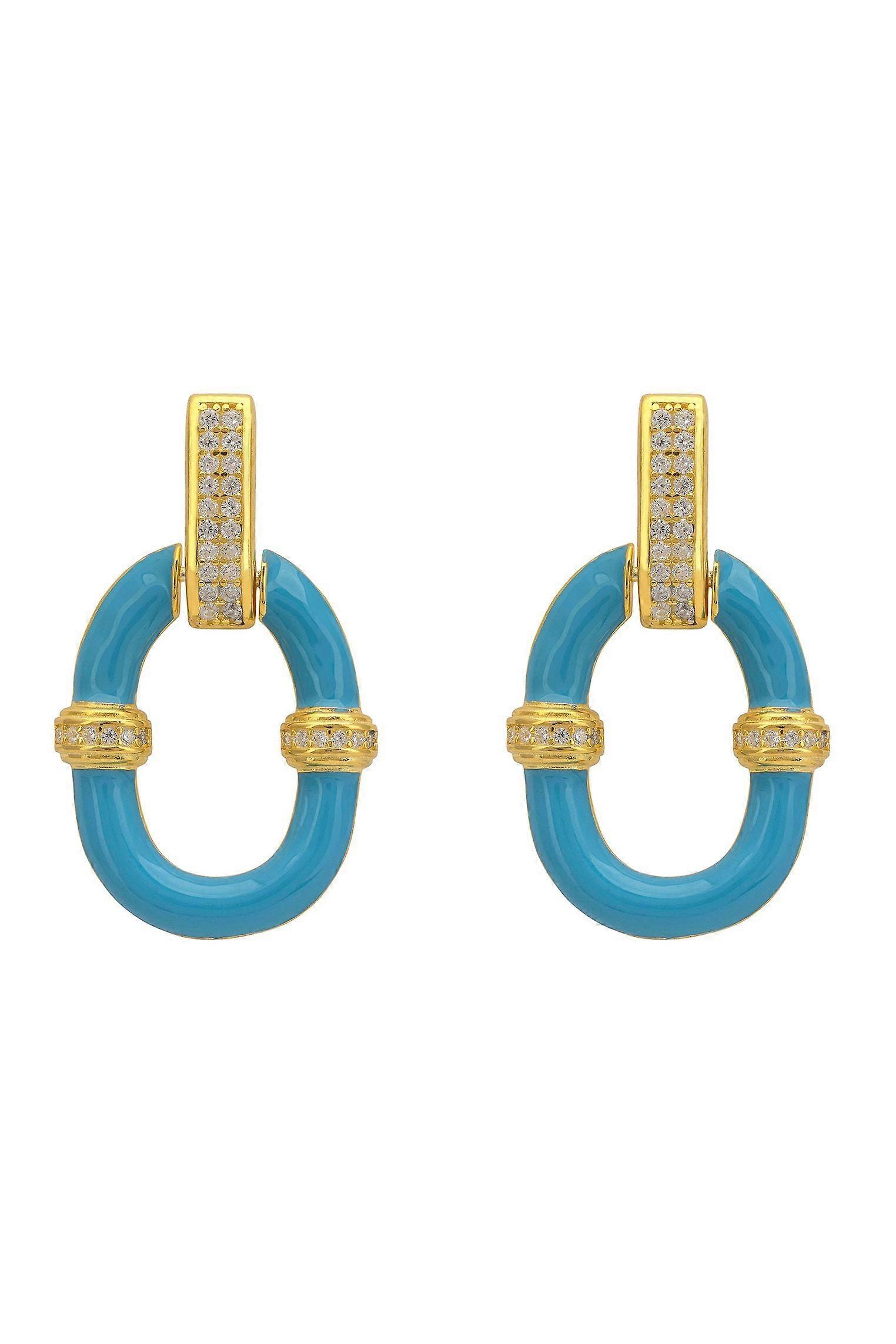 Turquoise Enamel Oval Drop Earrings Gold