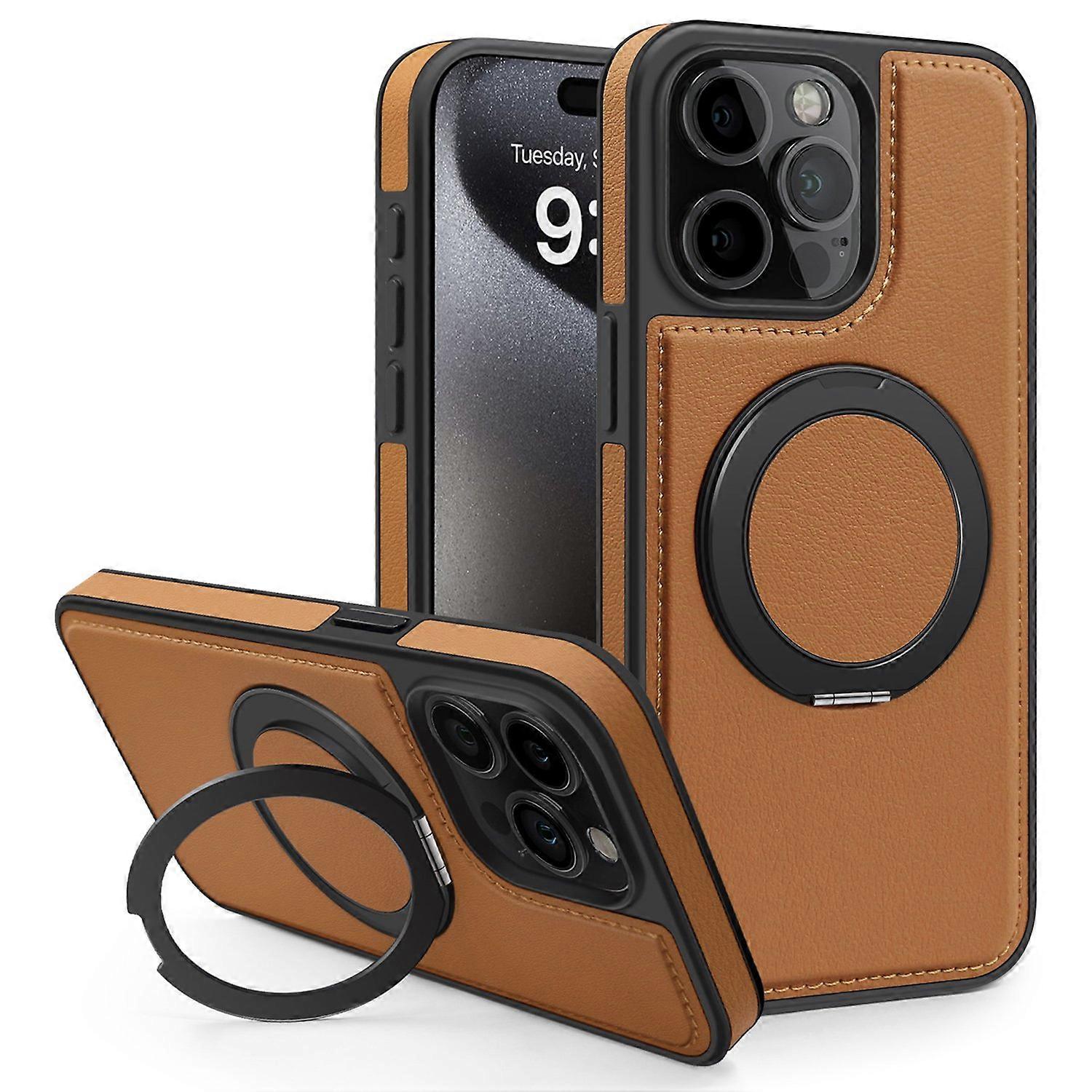 For iPhone 15 Pro Max Case with Ring Kickstand Compatible with MagSafe PU Leather Back Cover