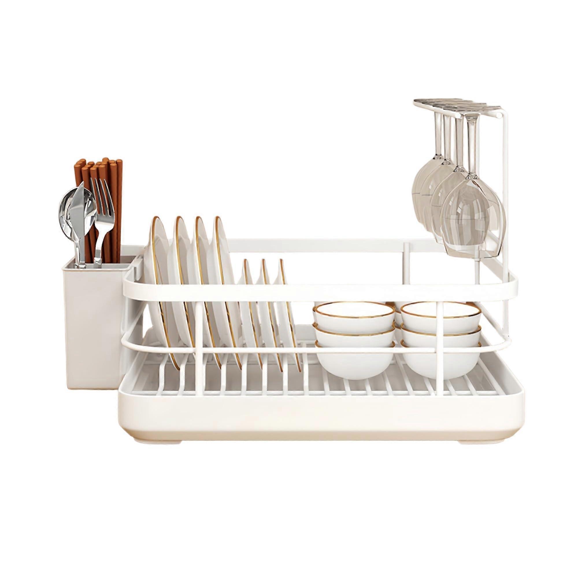 Over Sink Dish Drying Rack with Drainboard, Rustproof Utensil Holder, Multifunctional Kitchen Counter Storage (White Upgraded)