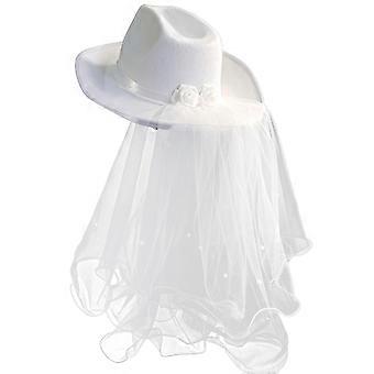 Cowgirl Hat Western Style Wide Brim Cloth Hat with Faux Pearl Veil, Solid Flower Decor for Weddings Halloween Cosplay Photo Props
