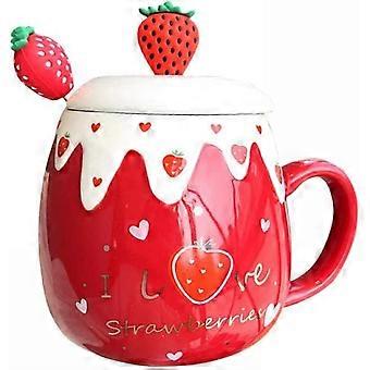 Ceramic Mug Strawberry Love Coffee Cup Water Cup with Strawberry Lid and Spoon