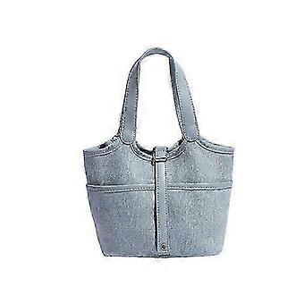 Blue Splicing Denim Commuter Bucket Bag, Urban Simplicity, Small Vertical Square, Canvas Lining