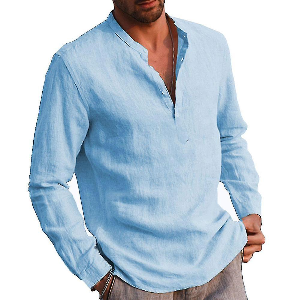 Men Collarless Sleeve Grandad Shirt Button Pullover Tops