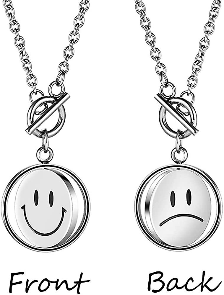 Injoehom Smiley Face Necklace - Stainless Steel Hip Hop Punk Safety Pin Pendant For Women & Men (Silver) - View #10