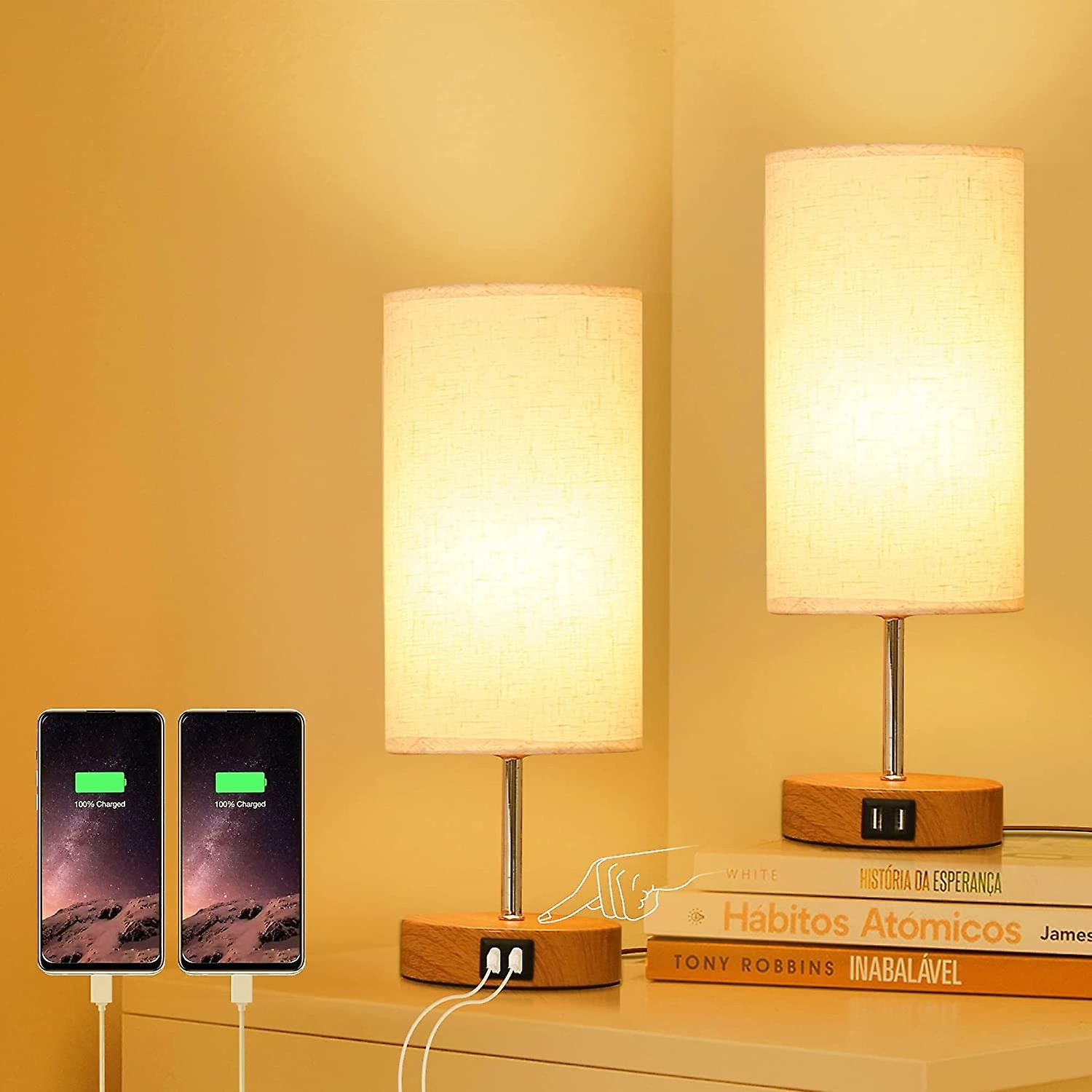 Neoglint 2 Packs Fabric Bedside Table Lamp with Warm White LED Bulb Nightstand Lamp Desk Light Touch