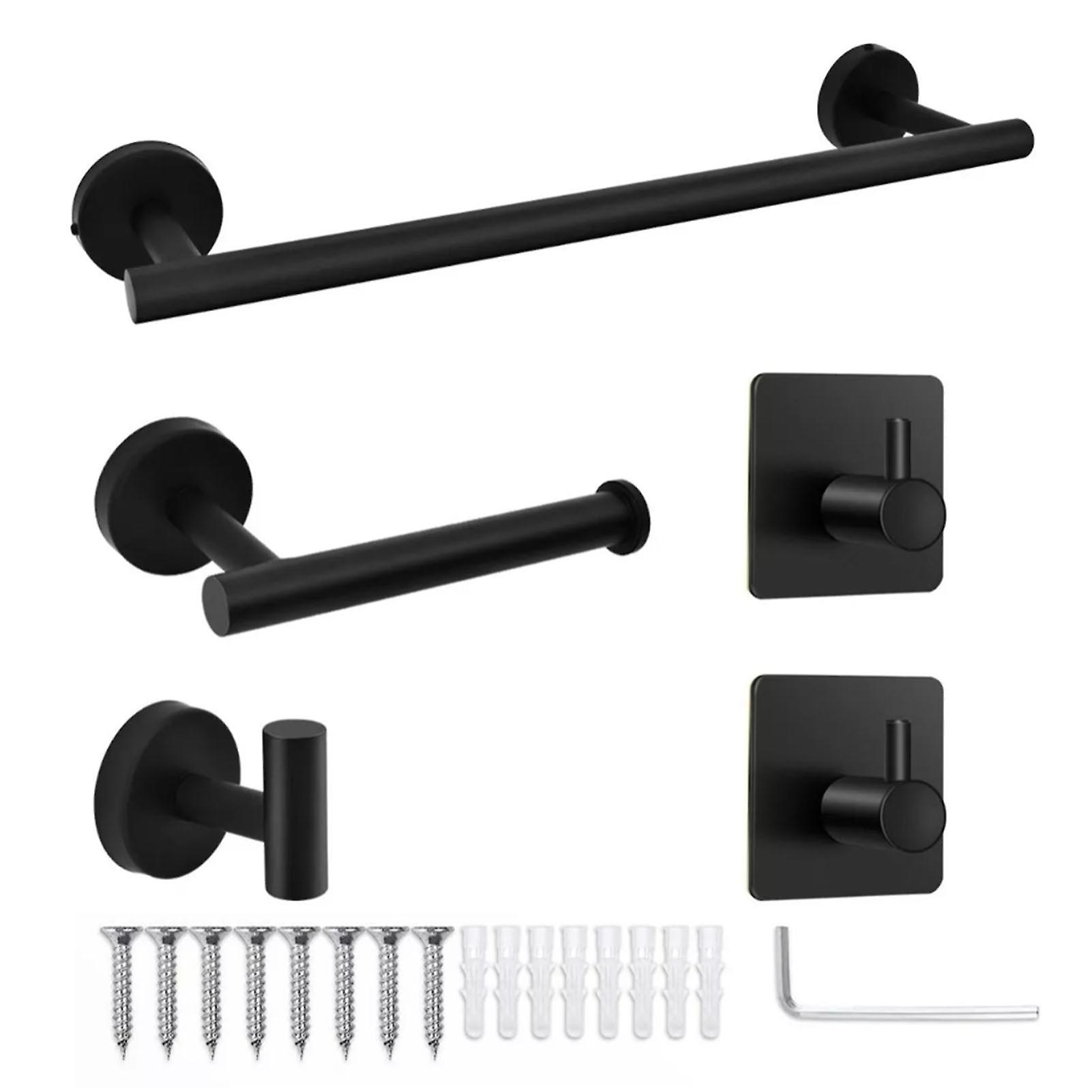 Black 5-Piece Bathroom Set with Towel Rack, Paper Holder, and Hooks