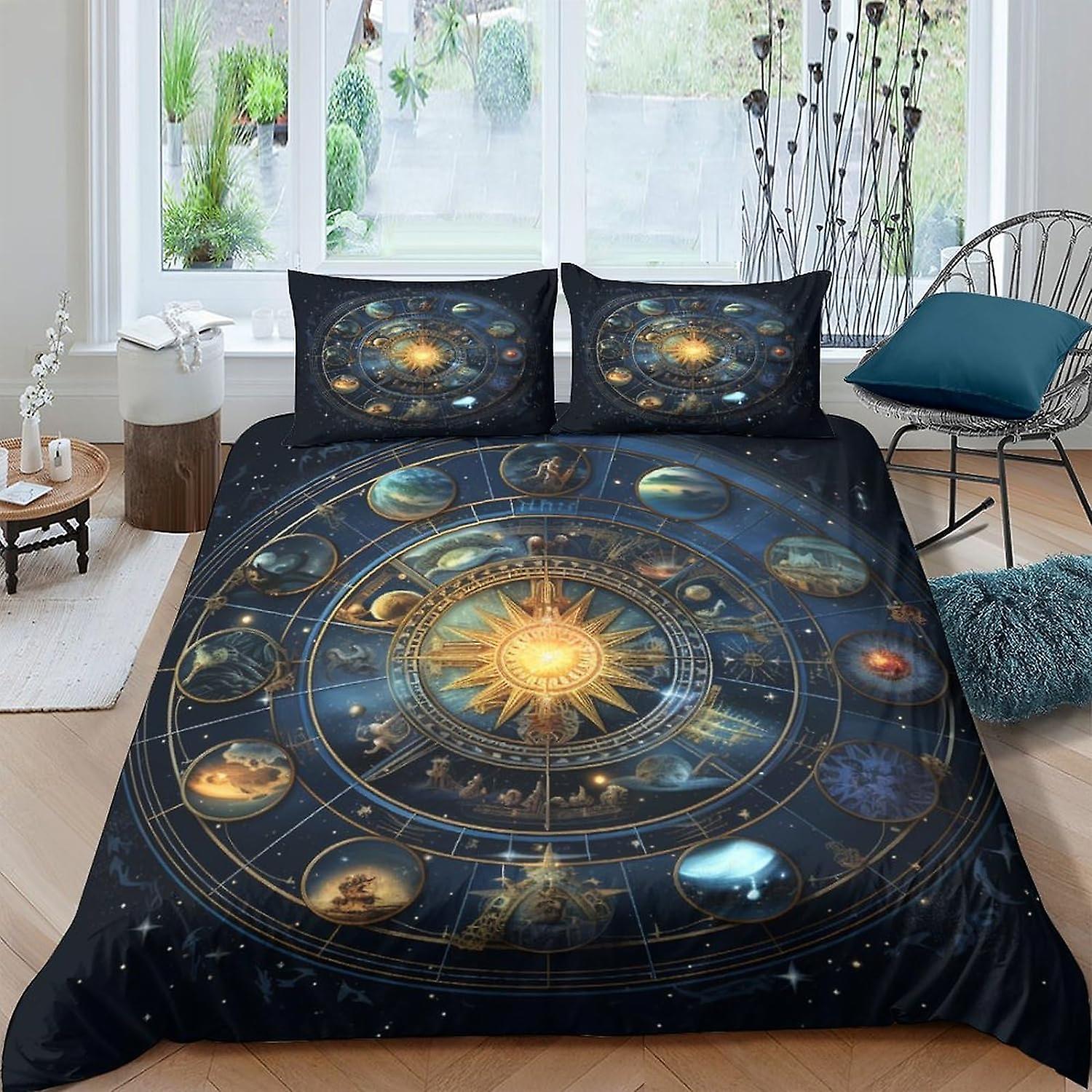 VCLUST Astrolabio Set Copripiumino - 3D, Dodici Segni Zodiacali Copripiumino, Copripiumino Set di biancheria da letto per bambini Ragazzi e ragazze Set da 3 pezzi con cerniera C