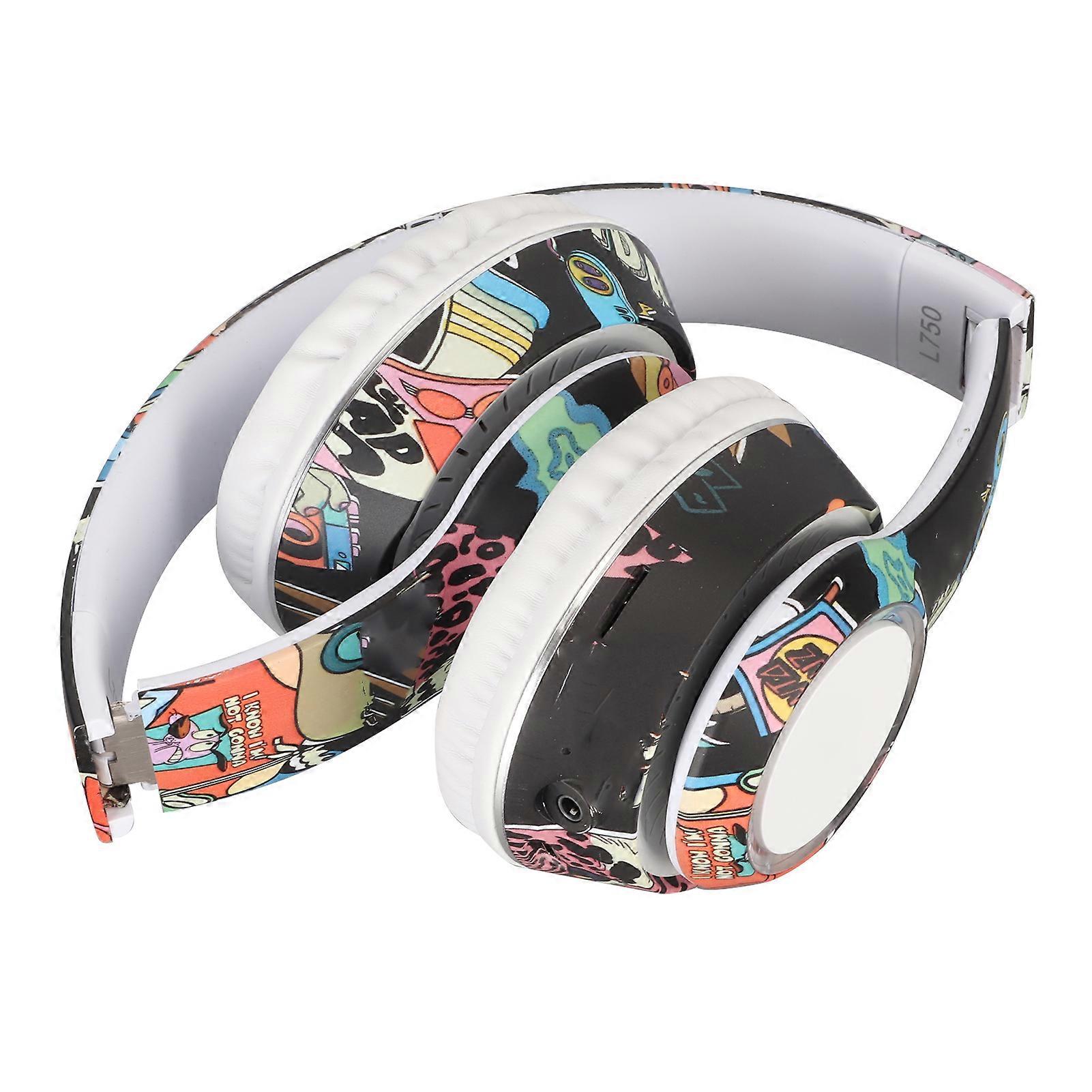 Graffiti Bluetooth Headset HiFi Stereo Built in Mic Support Memory Card Line in Wireless Headphone with RGB Light for PC 