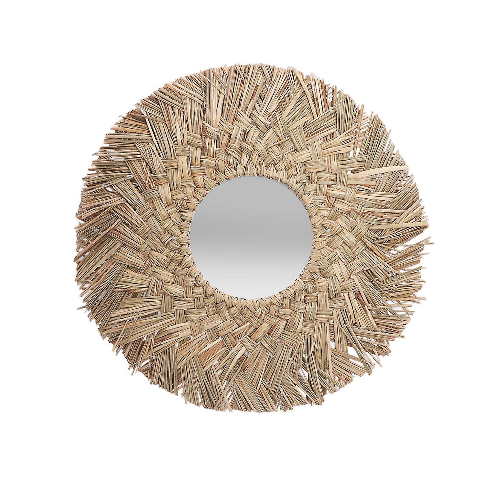 わら編み込みハンギングミラーデコレーションレトロノルディックスタイルラウンドハンドウーブンドレッシングミラーナチュラルカラー