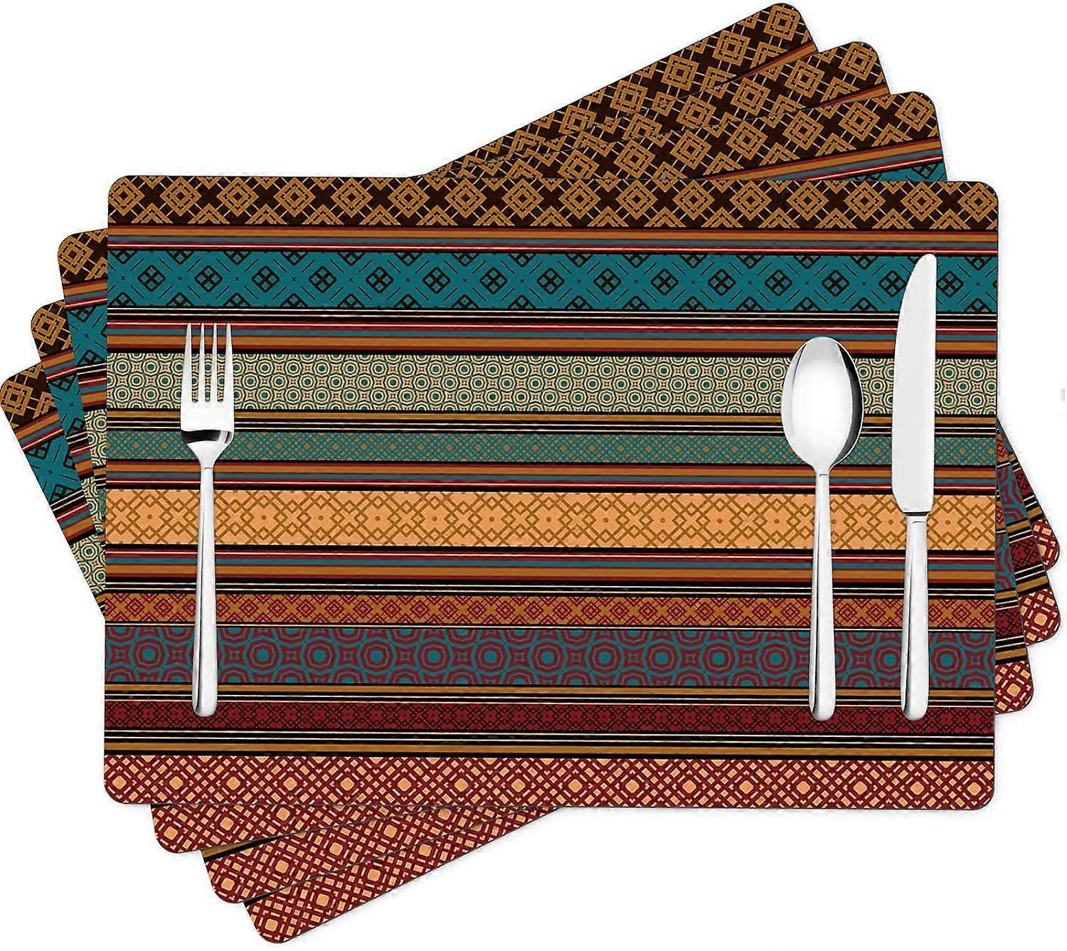 Faux Leather Anti Heat Non-Skid Placemat Set of 4, Boho Printed Water Resistant Reusable Wipeable Washable Oil-Proof Place Mat for Dinner Table Size 1