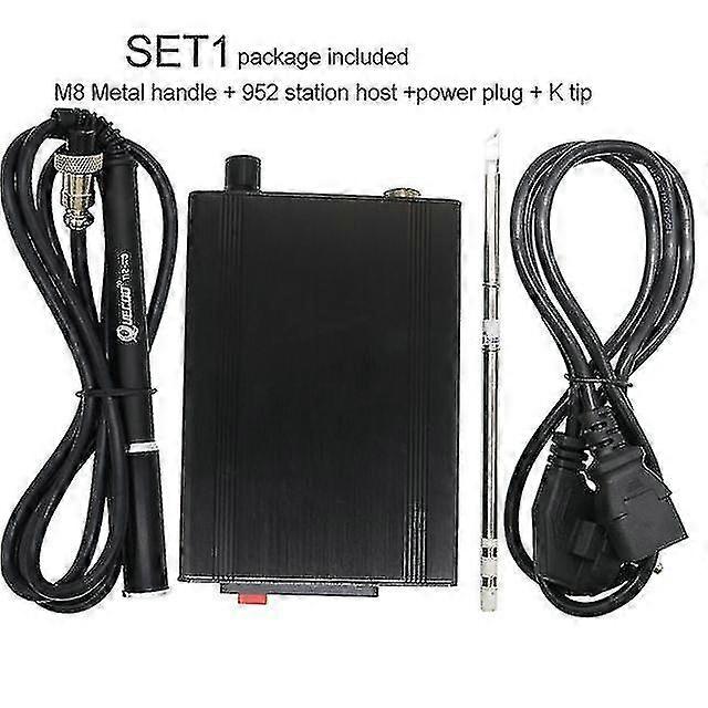 cht-quicko t12-952 soldering station with m8 black metal handle and various types of soldering iron tips