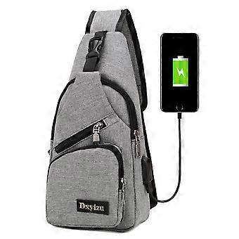 Umhängetasche für Herren, Brusttasche mit USB-Lade- und Kopfhöreranschluss, Reiserucksack für Damen und Herren (mit 1 USB-Kabel), graue Umhängetasche, 2024 Pin